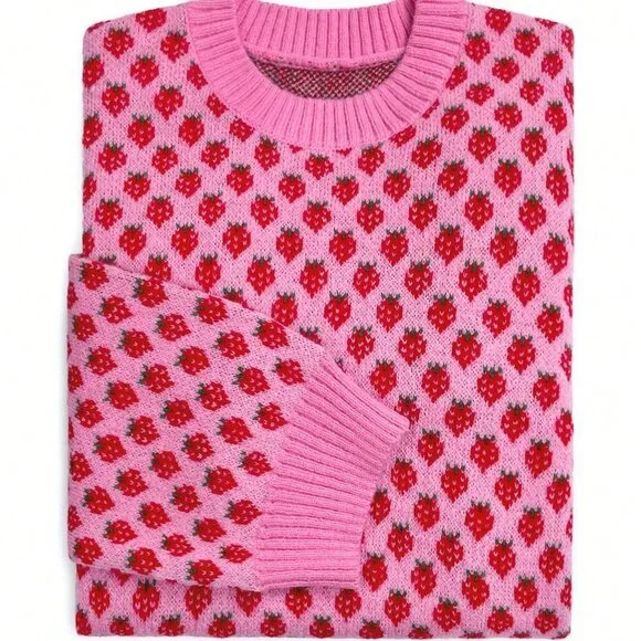Multicolor Casual Women's Oversized Strawberry Crew Neck Sweater - Picture 3 of 7